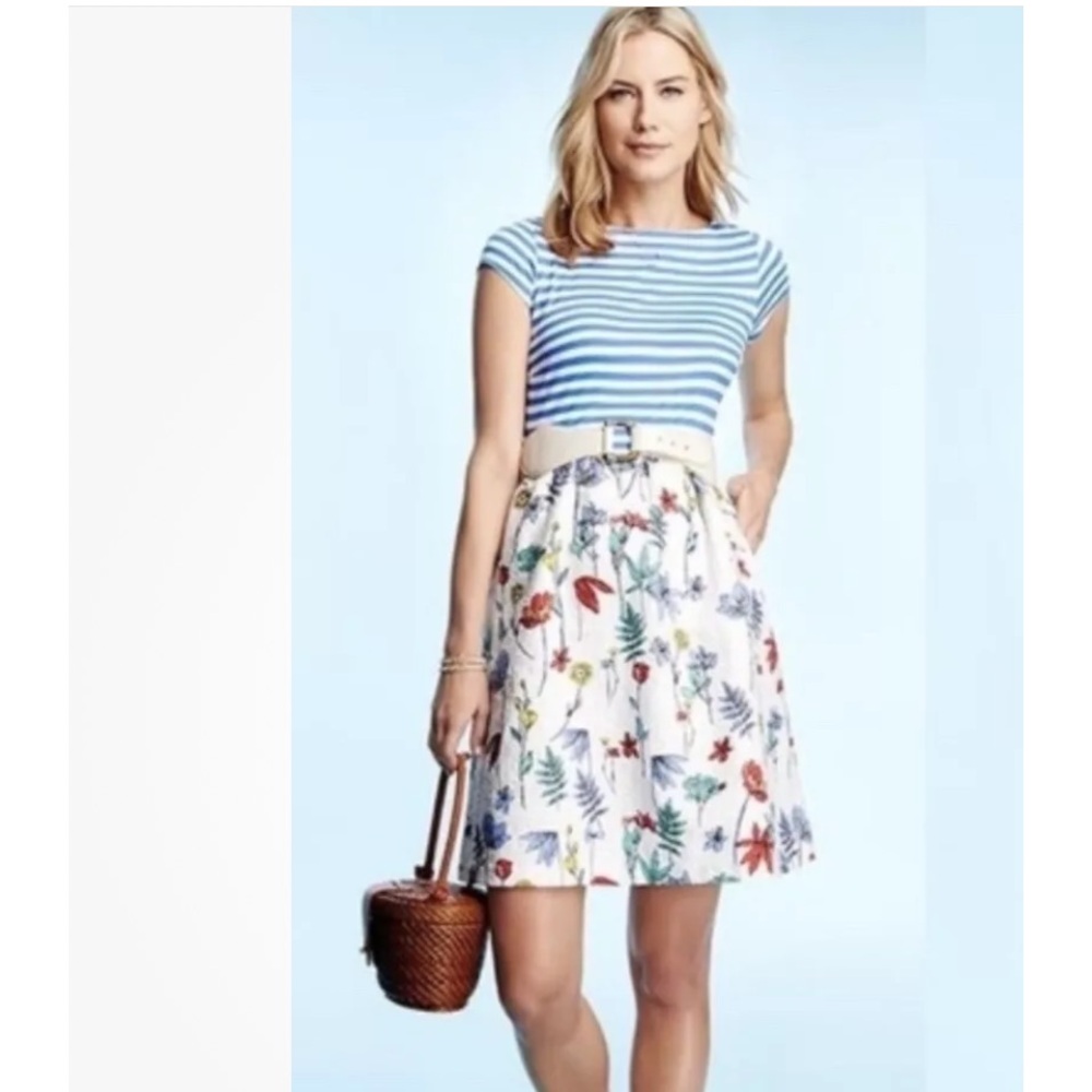 J. McLaughlin‎ Blue and White Striped Floral Midi Dress
